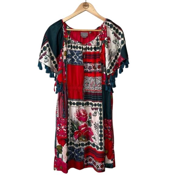Anthropologie Vanessa Virginia Women’s Persian Rose Patchwork Tassel Dress Sz M - Picture 1 of 10